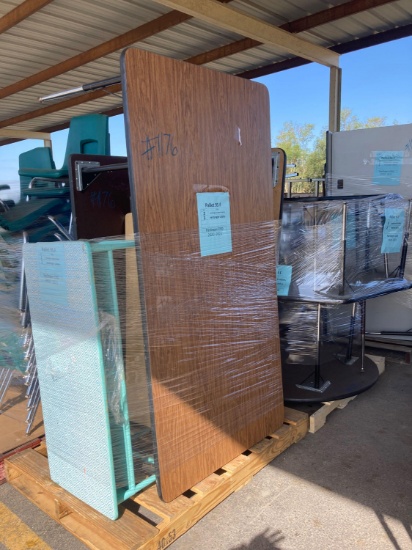 (2) Pallets w/ (2) Rectangle Student Desks, (3)Rectangle Tables, (3) Trapezoid Tables, (2) Round