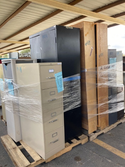(2) Pallets w/(1) Metal Cabinet, (1) Large File Cabinet,(1) 2-Drawer File Cabinet (1) Plastic