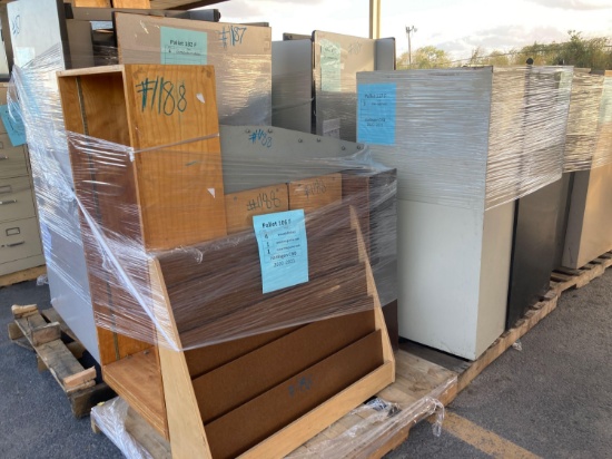 (2) Pallets w/(4) Wood Shelves, (1) Wood Magazine, (1) Metal Magazine Rack, (3) File Cabinets(pallet