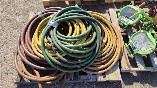 Pallet of Assortment of (4) Air Hoses 4300 PSI, (1) 1&1/4 Water Hose