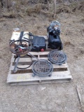 Pallet w/Misc. Items & Small Air Compressor