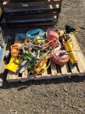 Pallet w/Shop Light, Rubber Hammers, Strap, Funnel, Blue Hose, Small Red Air Tank,