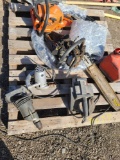 Pallet w/(2) Chainsaw in Parts, Electric Drill, Plastic Roll