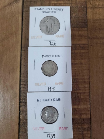 (1) Standing Liberty ''1926'' Quarter, (1) ''1939'' Mercury Dime, (1) ''1910'' Barber Dime