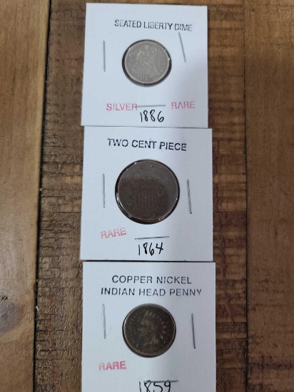 (1) ''1864'' Two Cent Piece, (1) ''1886'' Seated Liberty Dime, (1) ''1859'' Copper Nickel Indian