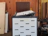 (2) White Wood Rolling Cabinets, (1) Dell Charging Rolling Cart, (1) Wood Desk, Small Folding Table