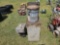 Lot w/(2) 5gal Buckets, (1) Small Engine & Medium Sized Storage Cabinet