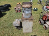 Lot w/(2) 5gal Buckets, (1) Small Engine & Medium Sized Storage Cabinet