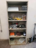 Metal Storage Shelf w/Radios, Cords & Misc. Items