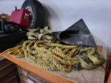 Lot w/Ropes, Chainsaw, Handsaw, Tire, KneePads, Tool Box (Shelf Not Included)