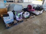 Lot w/Metal Shelf Parts, Paper Shredder, Battery Backup, Keyboards, Red Chair, Printer, Fan, Etc.