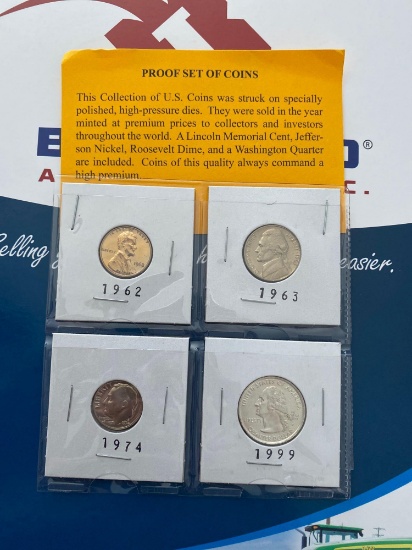Proof Set of Coins1962 Lincoln Memorial Cent1963 Jefferson Nickel1974 Roosevelt Dime1999 Washington