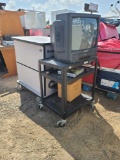 Lot w/Tv & rolling Cart, File Cabinet w/Plug In Outlets & VCR's