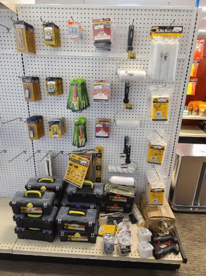 Lot w/Plastic Tool Boxes, Locks, Paint Brush Rollers & Misc Items(Rack Not Included)