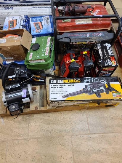Lot w/Predator Generator, Chainsaw, Impact Wrench, Battery Jumpers & Misc Tools
