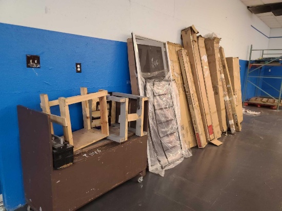 Assorted Items, Doors, Headboards, Side Rails, Tufted Sofa Back Frame & Cushions, Brown Cart, Etc.