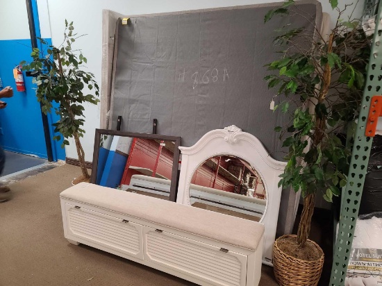 Lot w/(2) Artificial Trees, (2) Wall Mirrors, Box Spring & Small White Bench