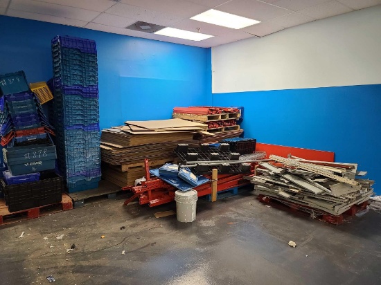 Lot w/Crates, Pallets, Rack Backings & Shelving