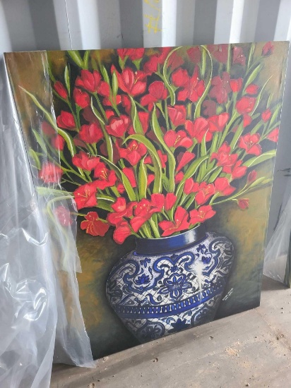 Oil Painting on Canvas 39''x 51'' (Red Flower & Blue Frame)