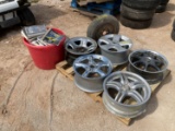 Lot w/Rims, Tire & Red Basket w/Automotive Books