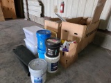 Lot w/ Buckets of Latex White Paint, Paint Primer, Commercial Rugs and Retail Fixtures Parts