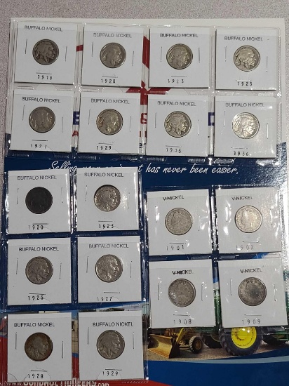 14 Buffalo Nickels & 4- V-Nickels