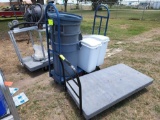 (3) Large Trashcans (1 with lid), (2) Storage Bins, Vacuum, (3) Flat Carts