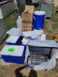(3) Boxes-Stackable container Stand with Wicker basket, (4) Ice chests, (1) Coleman 5 Gal Cooler,..