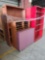 (3) Red Bookcases, Wooden Bookcase, Wooden Paper Filer, Pink Storage Box