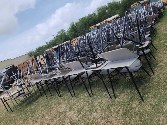 Group of Student Desks with Chairs and Book Baskets