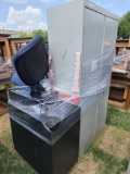 1 vertical 2 door filing cabinet, 1 rolling chair, 1 horizontal 4 door filing cabinet, 1 black