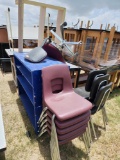 1 rollling chair, 3 black chairs, 5 plum chairs, 1 blue wooden cabinet, 1 black plastic cabinet...