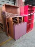 (3) Red Bookcases, Wooden Bookcase, Wooden Paper Filer, Pink Storage Box