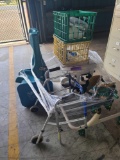 (1) Tumble Forms2 Carrie Activity Base, (2) Plastic Crates, (1) Child Walker, (1) Folding Pacer Trai