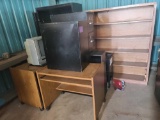 Wooden Bookcase, (2) Wooden Rolling Desks, Black Cart, Box TV, (2) Filing Cabinets, Black Bookcase