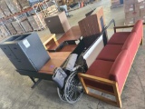 3 Seater Couch, Wheel Chair, Podium, (2) Filing Cabinets, Black Combination Cabinet, Whiteboard