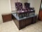 1 Office Desk, 2 Drawer Wood Cabinet & 2 Leather Type Reception Chairs