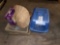 (1) Plastic Travel Cat Kennel, (2) Litter Boxes, (1) Box of Litter, (1) Wicker Basket