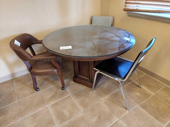 Wooden Round Dining Table w/ Glass Table Top, (3) Chairs