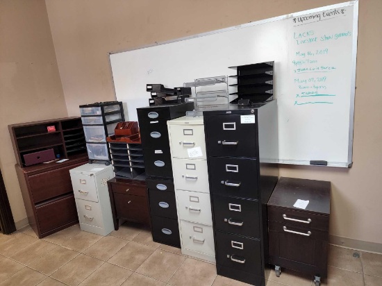 Group of Assorted Filing Cabinets, 2 Door Wood Cabinet with Filing Shelves, Metal, Wood, &