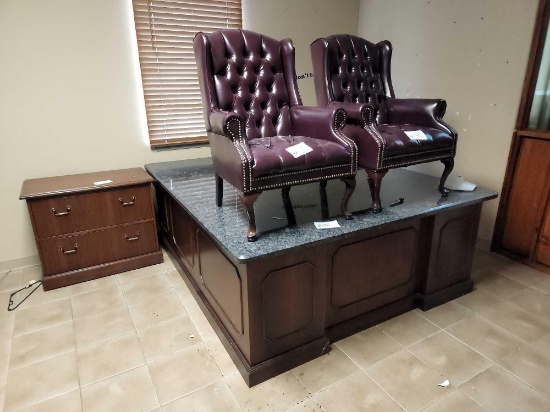 1 Office Desk, 2 Drawer Wood Cabinet & 2 Leather Type Reception Chairs