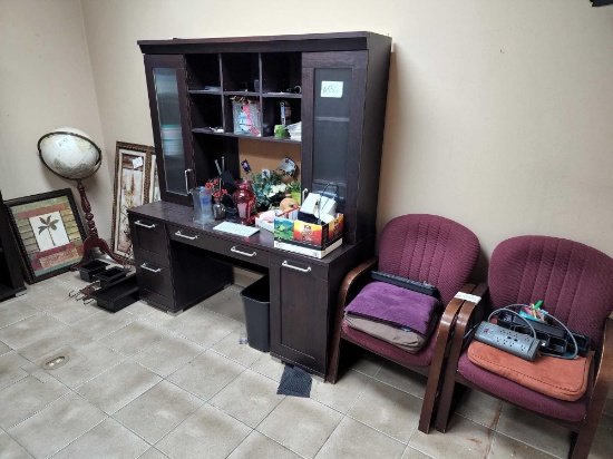 (1) Wood Office Desk with Drawers, Shelfs, and Cubby's, (1) Globe with Wood Stand, 10 Shelf Wood Ca