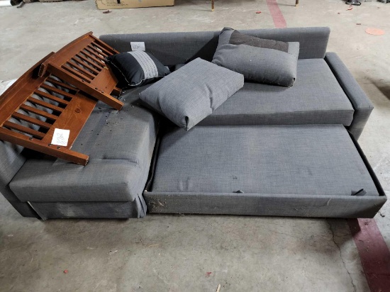 Couch with Throw Pillows, Wood Frame