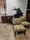 Group of Rolling Chairs, 2 Office Chairs with Neutral Patterns, 1 Wood Coat Rack, 1 Wood Glass Table