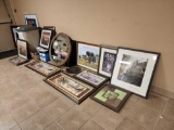 Variety of Picture Frames, Sanitaire Vacuum, Traffic Cones & Boxes of Misc. & Shredder Trash Can