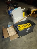 Group of Yellow Caution Signs, (1) Large Broom, (1) Box Of Food Storage Containers, Grinding Sanding