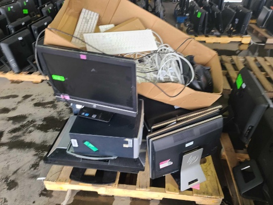 Group of HP Compaq dc5100 MT Monitors, Group of Keyboards, Small Fan, HP Color LaserJet CP3525n