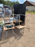 Pallet Jack (5) Student Desks w, Attached Chairs, Black Storage Cabinet