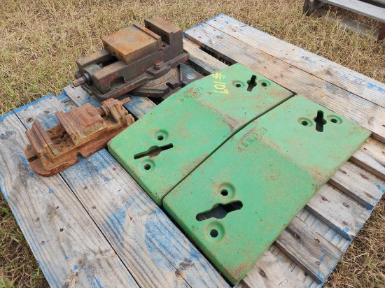 (1) Set of Tractor Front Slab Weights, (2) Vintage Vices (one with base)