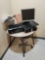 Round Table, Assistant Stool, Canon Printer, (2) Monitors, HP Desktop, Trash Bin